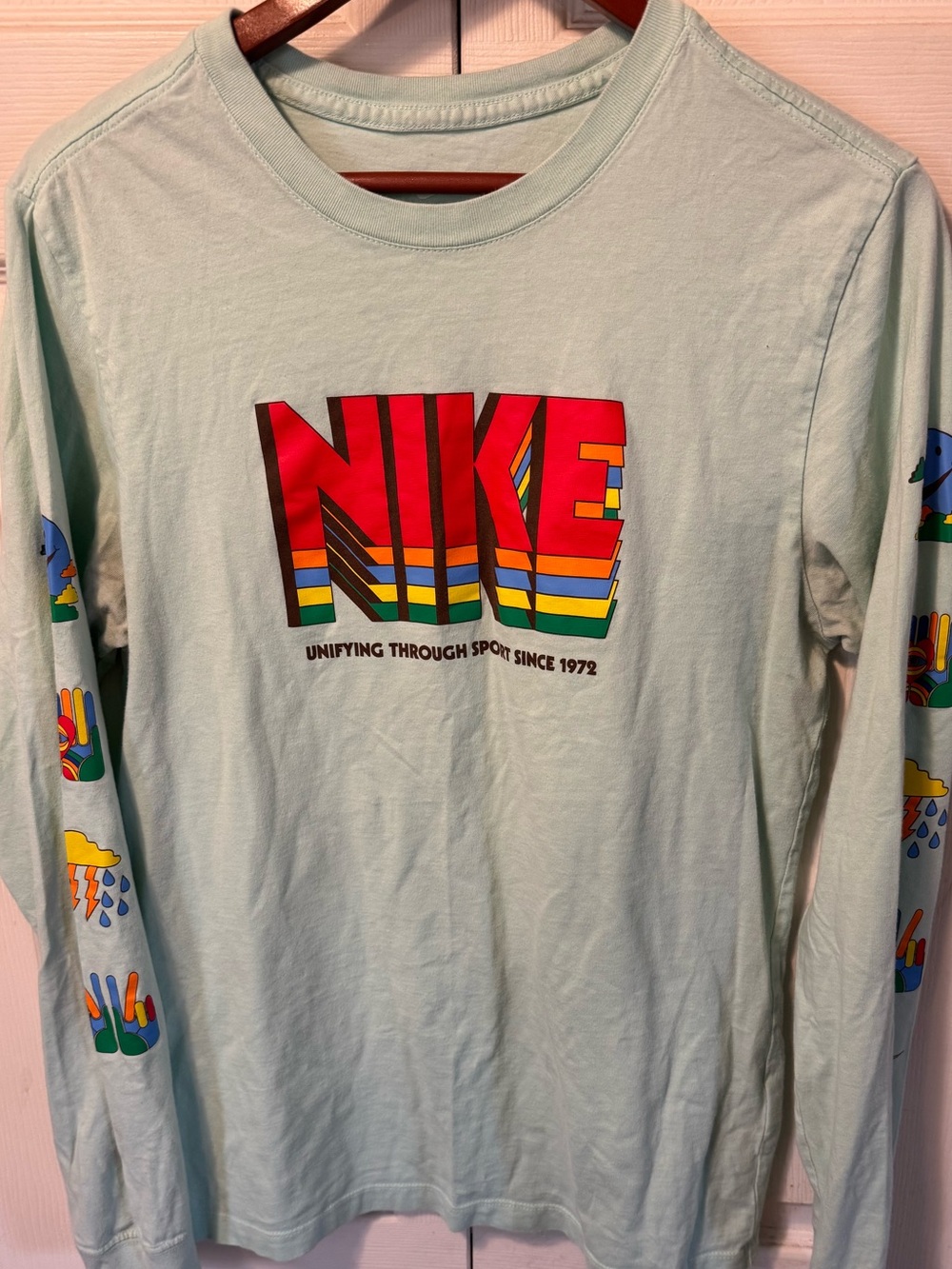 Nike Mint Green Long Sleeve Tee with Rainbow Block Logo